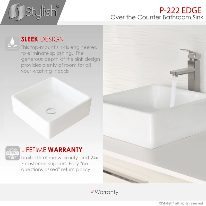 STYLISH 15" White Square Ceramic Vessel Bathroom Sink - Image 8