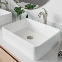 Kraus USA, Inc. Elavo Rectangle Ceramic Vessel Sink, Bathroom Arlo Faucet, Drain, SFS Stainless