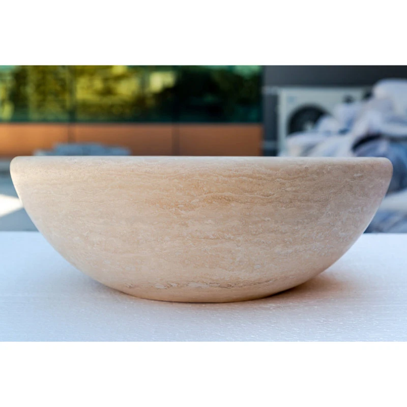 Villohome Beige Travertine Natural Stone Vessel Sink Honed And Filled, (D)16", (H)6" - Image 3