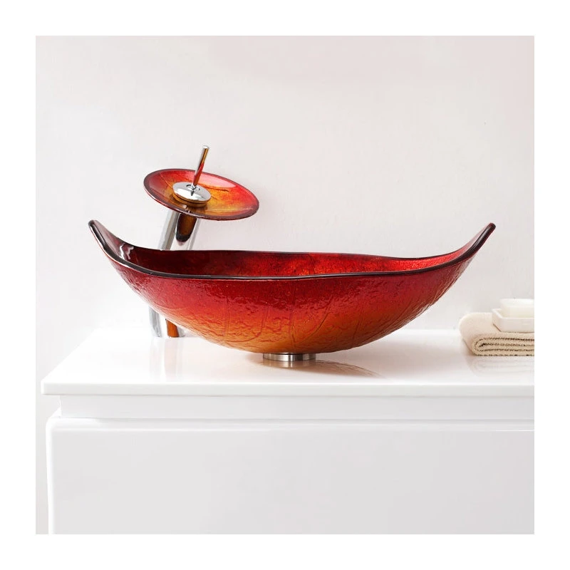 HOMARY Hot Melted Red/Gold Leaf Shaped Tempered Glass Vessel Sink Waterfall Faucet Set - Image 2