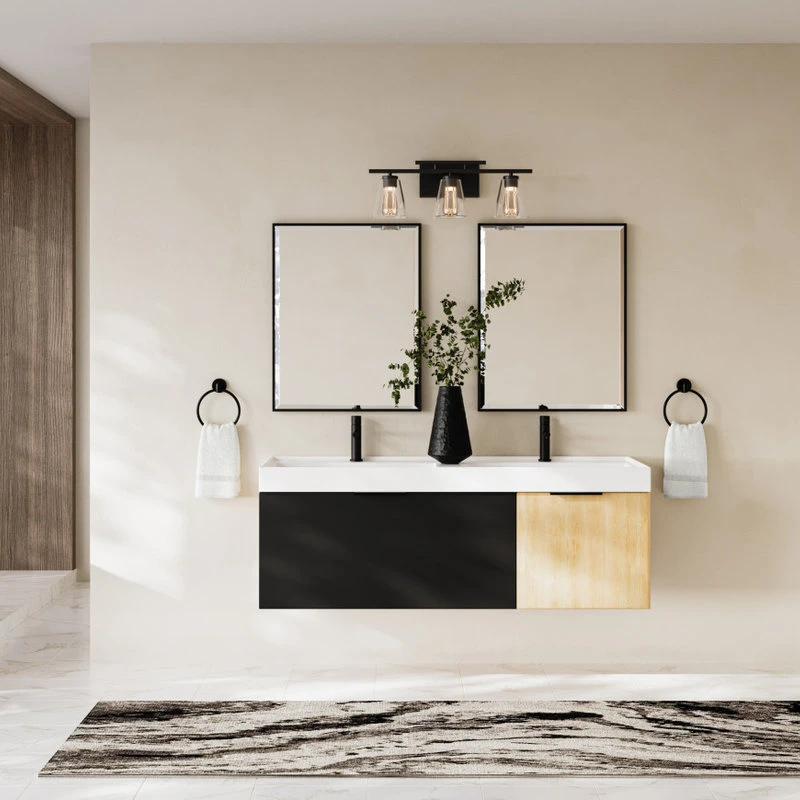 MOD The Nuvo Bathroom Vanity, Double Sink, 55", Black Glass And Maple, Wall Mounted - Image 3