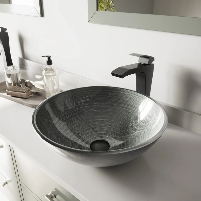 VIGO Simply Silver Glass Vessel Sink And Blackstonian Faucet Set, Matte Black - Image 5