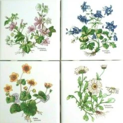 Mottles Murals Ceramic Tiles Flower Herb Ceramic Tile, 4-Piece Set