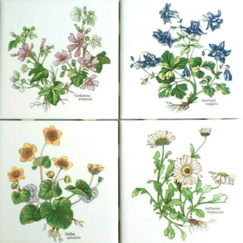 Mottles Murals Ceramic Tiles Flower Herb Ceramic Tile, 4-Piece Set