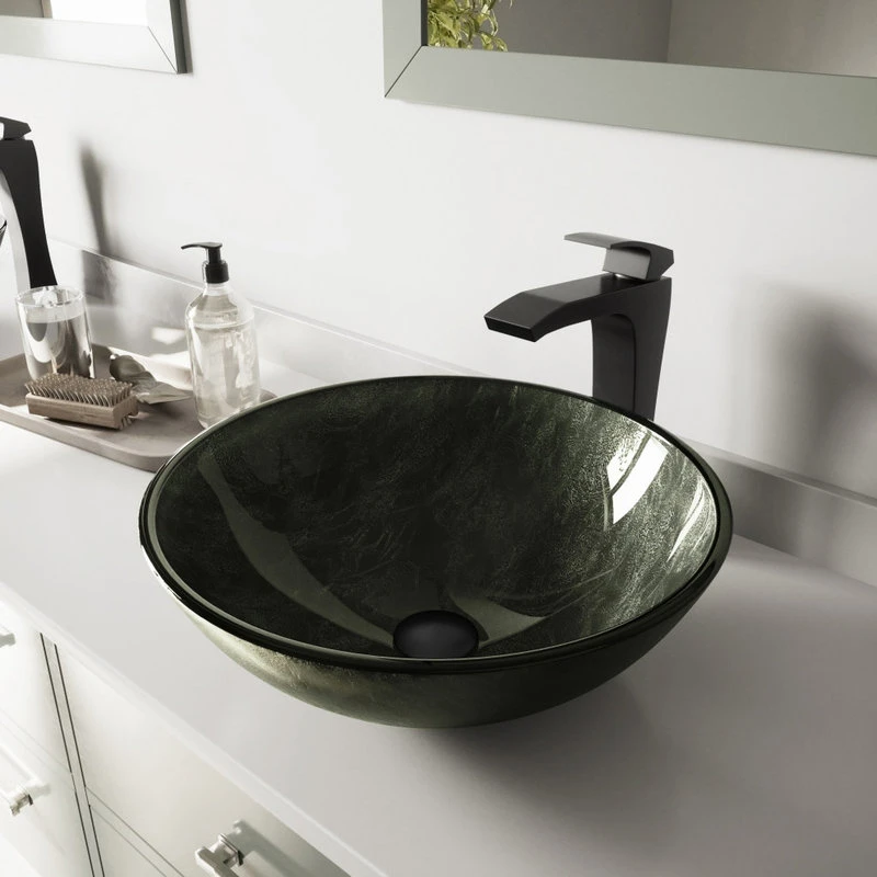 VIGO Gray Onyx Glass Vessel Sink And Blackstonian Faucet, Matte Black Finish - Image 5