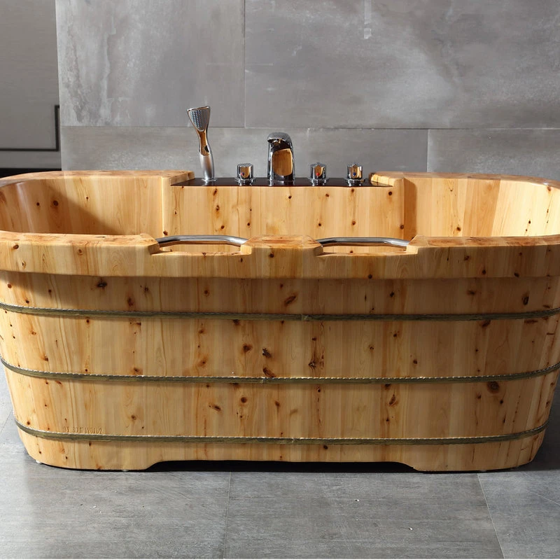 Alfi Trade Inc Alfi Brand 65" 2 Person Free Standing Wooden Bathtub With Fixtures & Headrests - Image 3