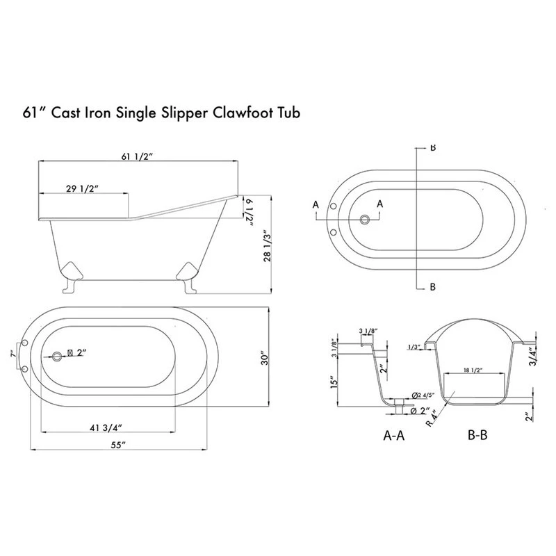 The Tub Connection 61" Slipper Tub, 7" Faucet Hole Drillings, "Chariton", Brushed Nickel Feet - Image 3