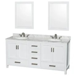 Wyndham Collection Sheffield Double Vanity, 24" Mirrors, White, 72", Round, White Carrera Marble