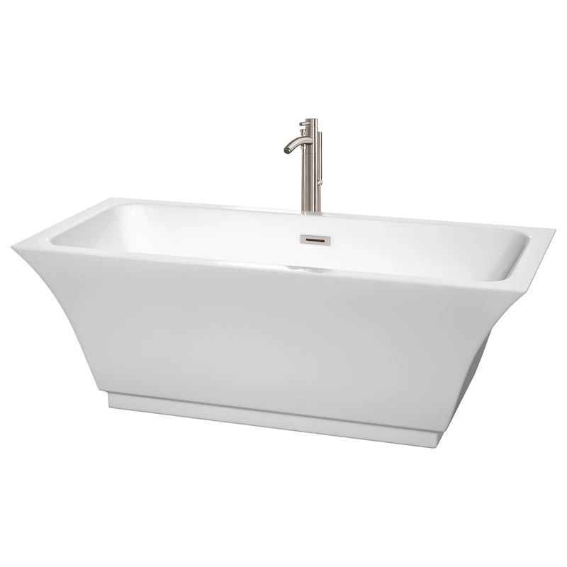 Wyndham Collection Galina 67" Freestanding White Bathtub, Brushed Nickel Tub Filler And Trim Kit