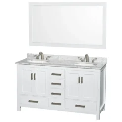 Wyndham Collection Sheffield 60" White Double Vanity, Carrara Marble Top, Um Rd Sinks, 58"