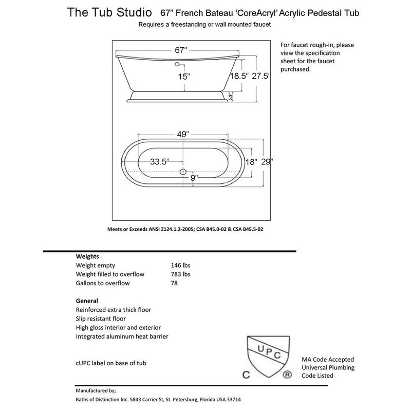 The Tub Studio 'Christoforo' Acrylic French Bateau Tub Package With Aged Chrome Exterior, 67" - Image 5