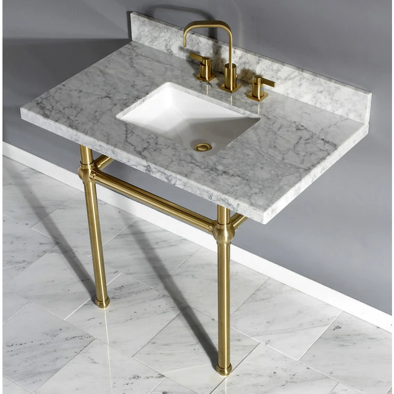 Kingston Brass 36X22 Marble Vanity Top W/Brass Console Legs, Carrara Marble/Brushed Brass - Image 3