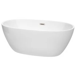 Wyndham Collection Juno 59" Freestanding White Bathtub, Brushed Nickel Drain And Overflow Trim