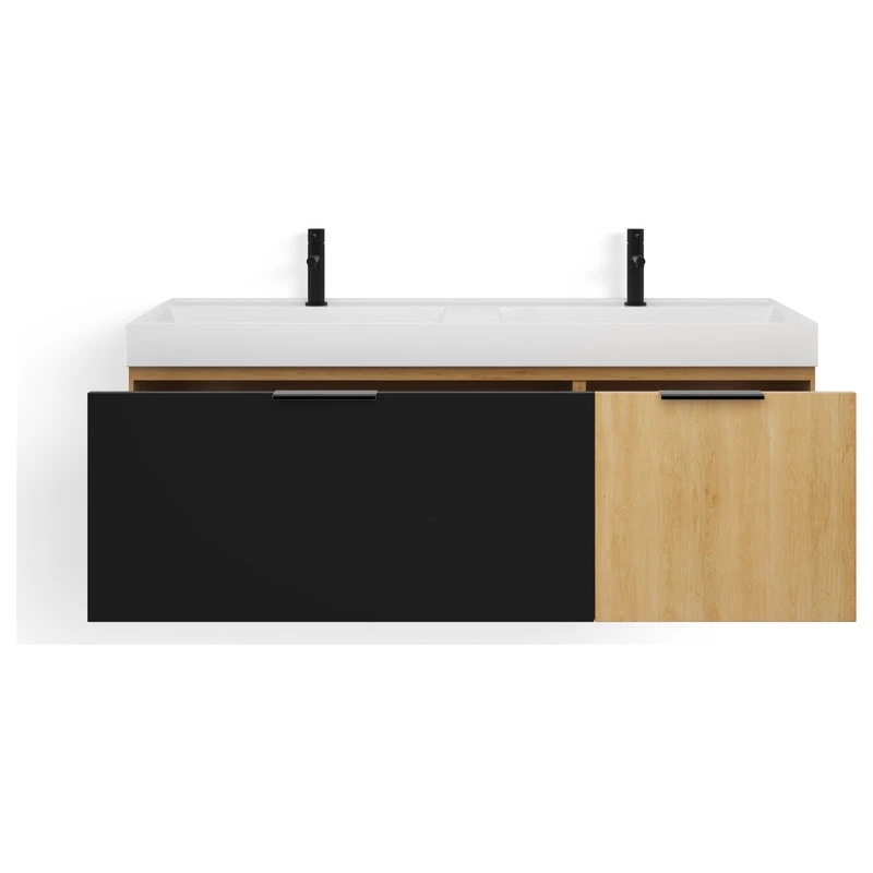 MOD The Nuvo Bathroom Vanity, Double Sink, 55", Black Glass And Maple, Wall Mounted - Image 12