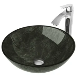 VIGO Gray Onyx Glass Vessel Sink And Linus Faucet Set, A Chrome Finish