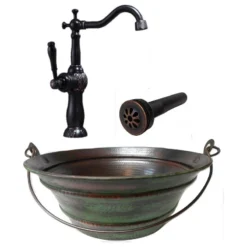 SimplyCopper 15" Round Copper Vessel Bucket Bath Sink Green Exterior, ORB Faucet & Drain