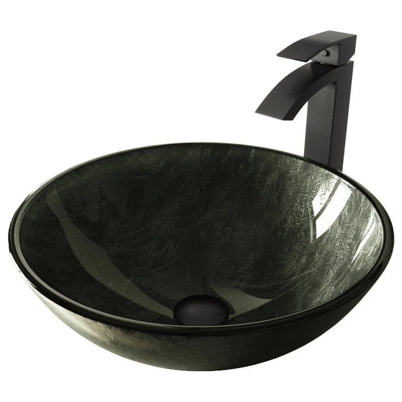 VIGO Gray Onyx Glass Vessel Sink And Duris Faucet Set, Matte Black Finish