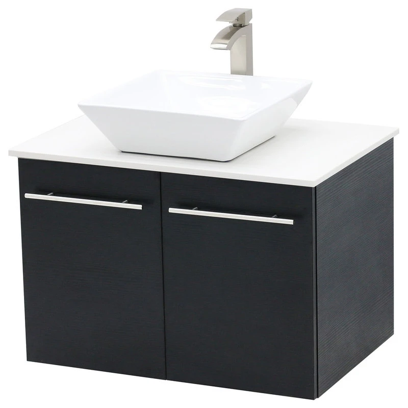 Wind Bay 24" Wall Mount Vanity, White Stone Countertop, Black
