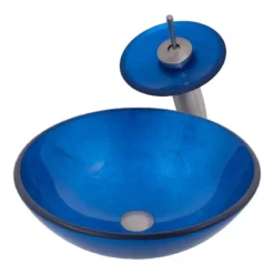 Decor Love Above Counter Bathroom Sink, Unique Glass Bowl & Waterfall Faucet, Blue