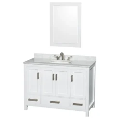 Wyndham Collection Sheffield Vanity, 24" Mirror, White, 48", Round, White Carrera Marble