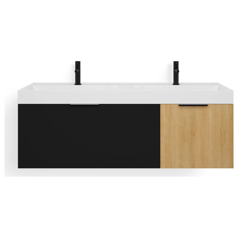 MOD The Nuvo Bathroom Vanity, Double Sink, 55", Black Glass And Maple, Wall Mounted - Image 9