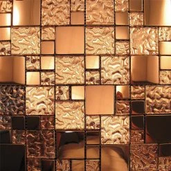 Modket Copper Metal Pattern Textured Glass Mosaic Tile Backsplash, 12"x12", Single Shee