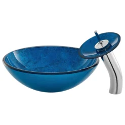 Swiss Madison Cascade 16.5 Glass Vessel Sink With Faucet, Ocean Blue