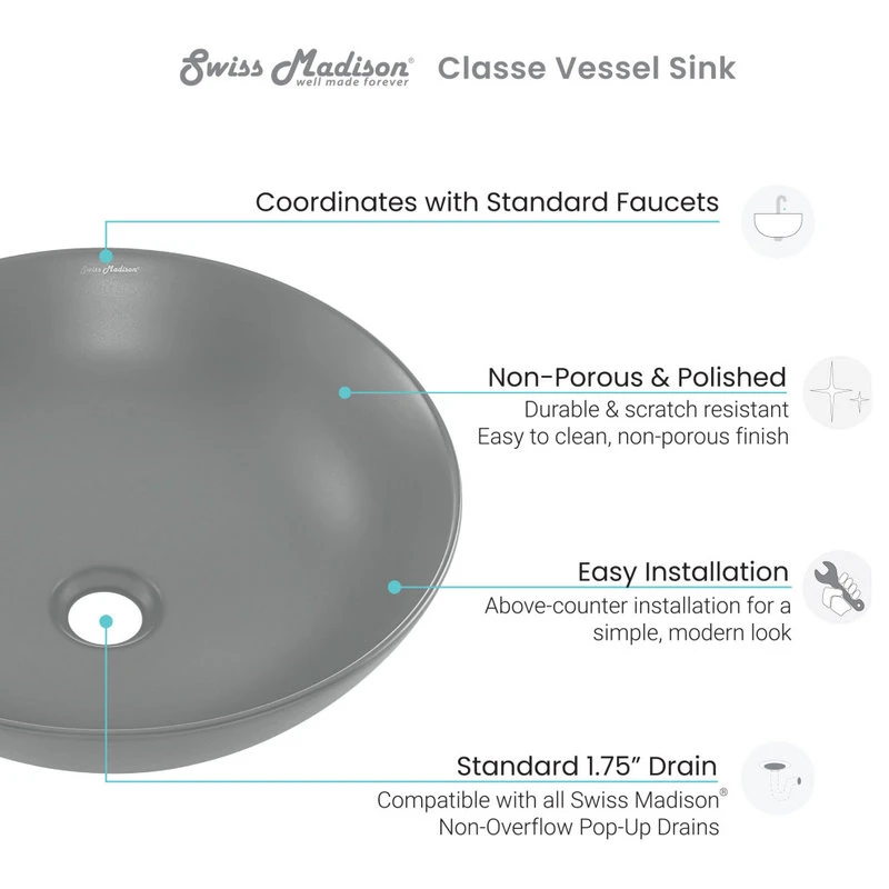 Swiss Madison Classe 16" Color Ceramic Sink In Matte Grey - Image 7