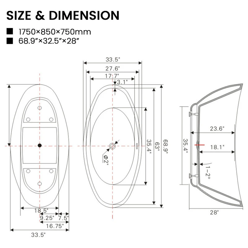 Vanity Art LLC Vanity Art Freestanding Acrylic Bathtub, 33.5"x 69" - Image 7