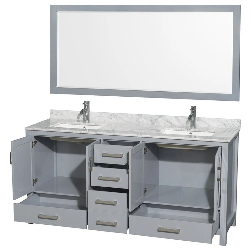 Wyndham Collection Sheffield Double Vanity, 70" Mirror, Gray, 72", Square, White Carrara Marble - Image 2