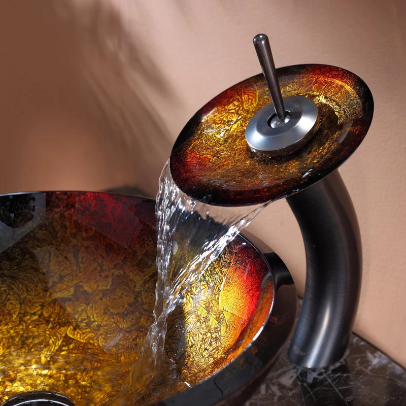 Kraus USA, Inc. Glass Vessel Sink, Bathroom Waterfall Faucet, Drain, Mount Ring, Oil Rub Bronze - Image 2