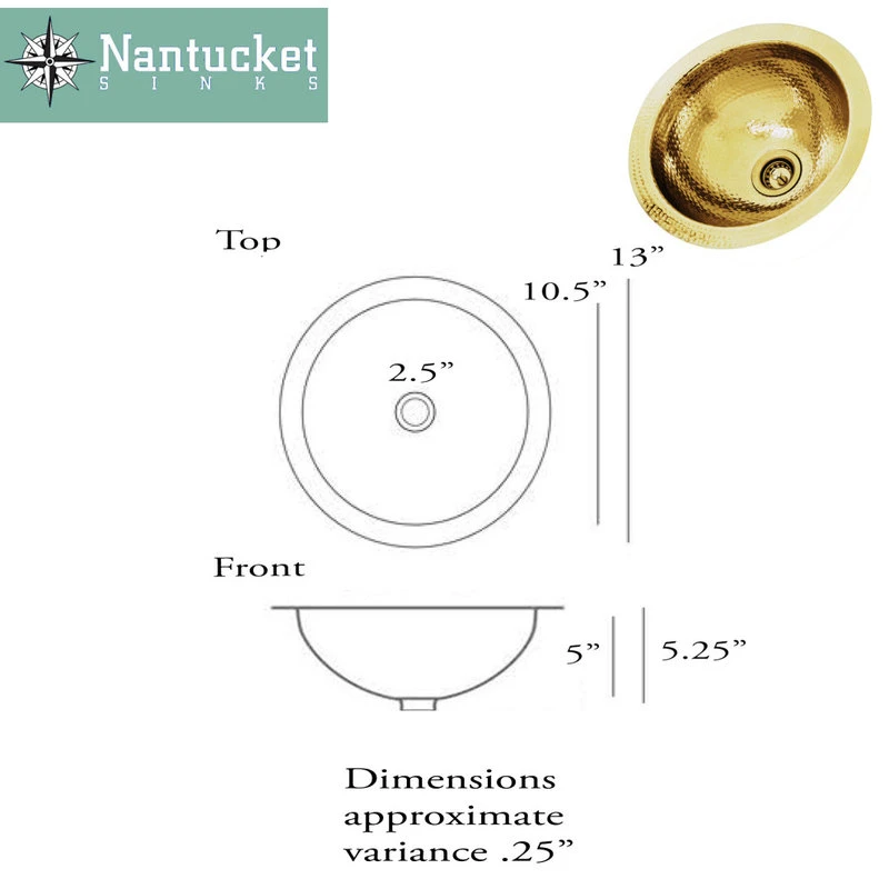 Nantucket Sinks 13" Hand Hammered Brass Round Undermount Bar Room Sink - Image 6