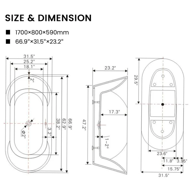 Vanity Art LLC Vanity Art Freestanding Acrylic Bathtub, 31.5"x67"x23.6" - Image 12