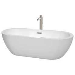 Wyndham Collection Soho 72" Freestanding White Bathtub, Brushed Nickel Tub Filler And Trim Kit