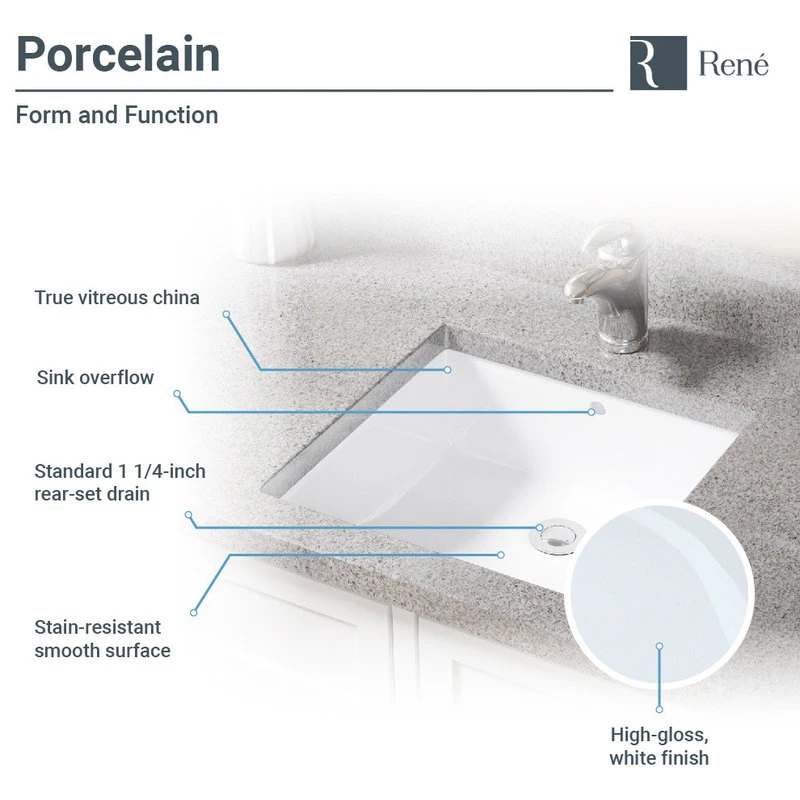 Rene R2-1003 Square Porcelain Bathroom Sink, Biscuit, White, Antique Bronze Drain - Image 2