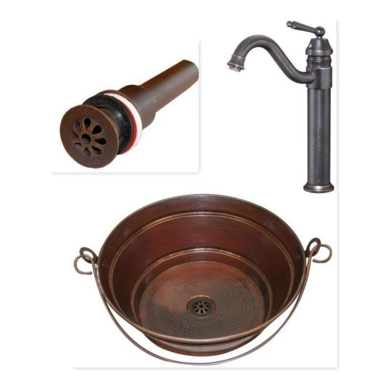SimplyCopper 15" Round Copper Bucket Vessel Sink With Drain, And Faucet Combo - Image 2