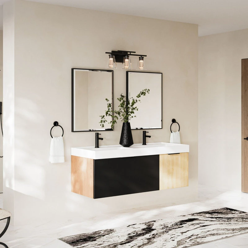 MOD The Nuvo Bathroom Vanity, Double Sink, 55", Black Glass And Maple, Wall Mounted - Image 2