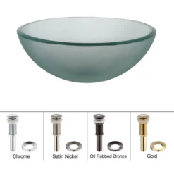 Kraus USA, Inc. Frosted 14" Glass Vessel Bathroom Sink, PU Drain, Mounting Ring, Nickel