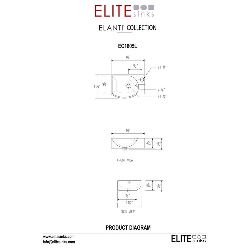 Elite Sinks ELANTI EC1805-L Porcelain Wall-Mounted Sink, Left-Facing, White - Image 5