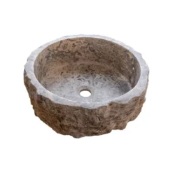 Black Looms Silver Travertine Rustic Stone Vessel Sink Honed Interior Hand Chiseled Exterior