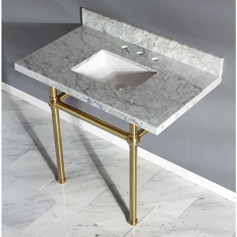 Kingston Brass 36X22 Marble Vanity Top W/Brass Console Legs, Carrara Marble/Brushed Brass - Image 2