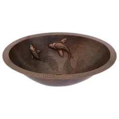 Premier Copper Products Oval Under Counter Hammered Copper Bathroom Sink With Two Small Koi Fish Design