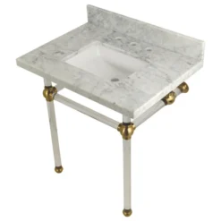 Kingston Brass 30X22 Marble Vanity Top W/Acrylic Console Legs, Carrara Marble/Brushed Brass