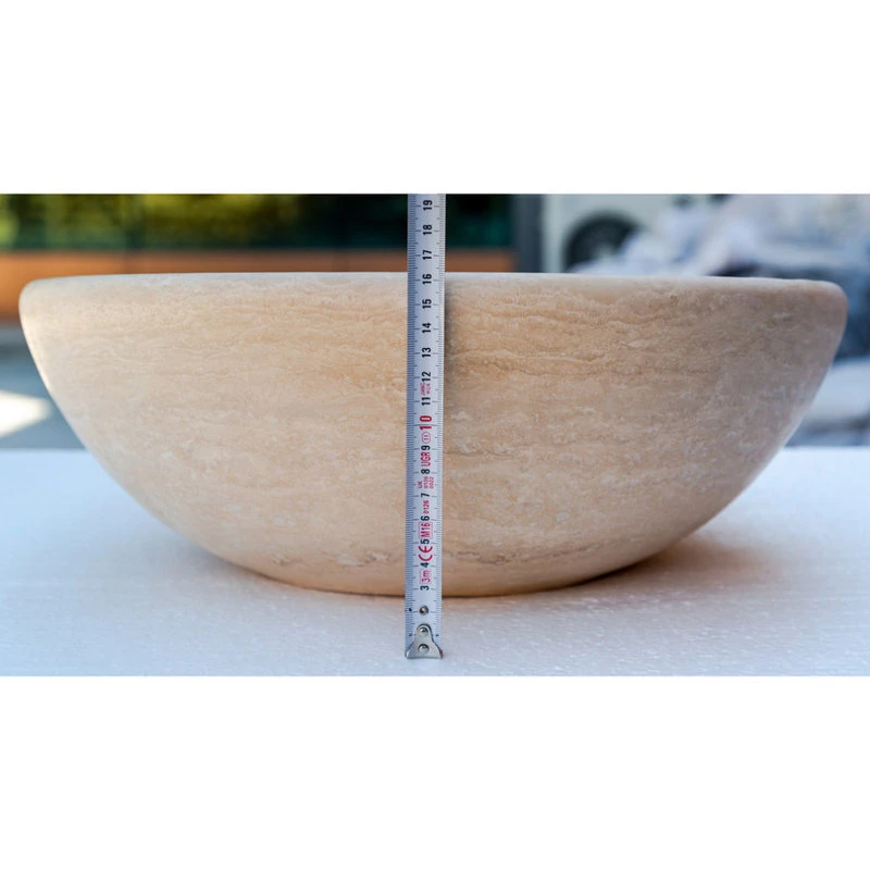 Villohome Beige Travertine Natural Stone Vessel Sink Honed And Filled, (D)16", (H)6" - Image 7