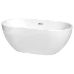 Wyndham Collection Brooklyn 60" Freestanding White Bathtub, Brushed Nickel Drain And Overflow Trim