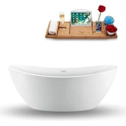 Streamline 75" White Freestanding Tub And Tray With Internal Drain, Oval Shaped