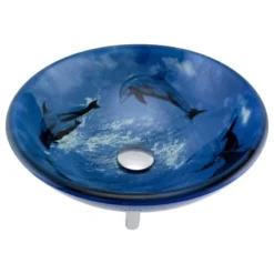 Renovators Supply Manufacturing Tempered Glass Countertop Vessel Sink Blue Dolphin Round Bowl With Chrome Drain