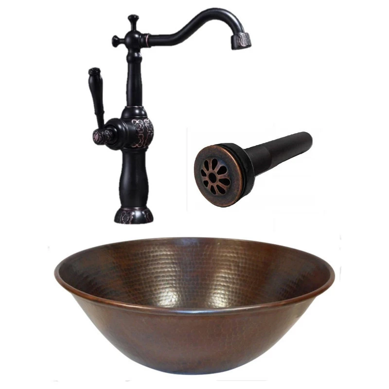 SimplyCopper 14" Round Copper Vessel Bath Sink, 13" ORB ClayborneFaucet & Daisy Drain