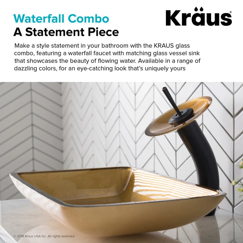 Kraus USA, Inc. Glass Vessel Sink, Bathroom Waterfall Faucet, Drain, Mount Ring, Oil Rub Bronze - Image 7
