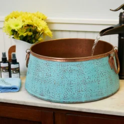 SINKOLOGY Noble 16" Copper Vessel Sink, Copper Verde And Naked Unfinished Copper